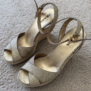 Prada Metallic Gold Snake-Embossed Wedge Sandals